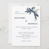 Elegante Navy Blue Blätter Botanische Hochzeit Einladung (Vorderseite)