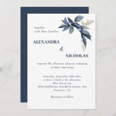 Elegante Navy Blue Blätter Botanische Hochzeit Einladung (Vorne/Hinten)