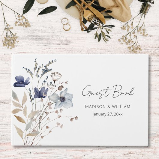 Elegante Navy Blue Blume Bouquet Blumenhochzeit Gästebuch