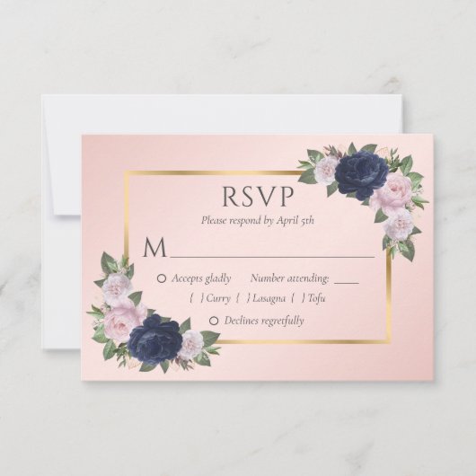 Elegante Navy Blue Blush Gold Wedding RSVP Karten (Vorderseite)