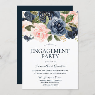 Elegante Navy Blue & Blush Pink Engagement Party Einladung