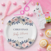 Elegante Navy Blue Blush Pink Floral Baby Dusche Pappteller (Party)