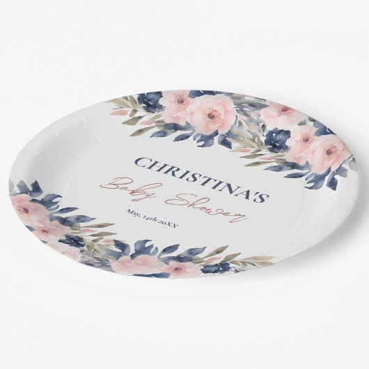 Elegante Navy Blue Blush Pink Floral Baby Dusche Pappteller (Schrägansicht)