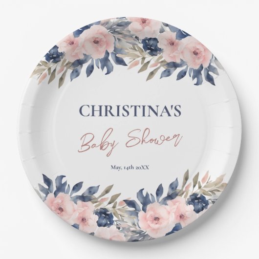 Elegante Navy Blue Blush Pink Floral Baby Dusche Pappteller (Vorderseite)