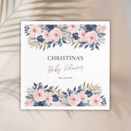 Elegante Navy Blue Blush Pink Floral Baby Dusche Serviette