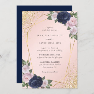 Elegante Navy Blue Blush Pink Geo Gold Wedding Einladung