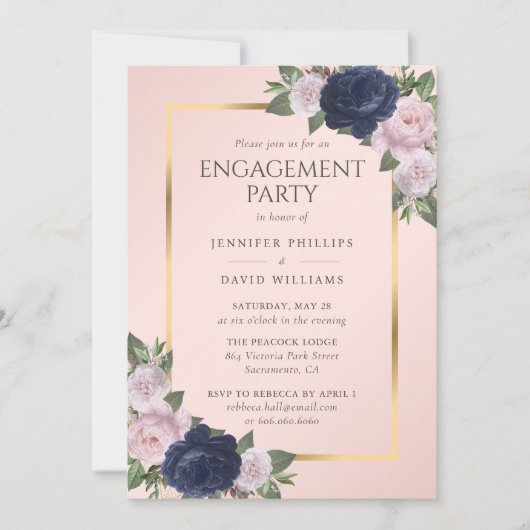 Elegante Navy Blue Blush Pink Gold Engagement Part Einladung (Vorderseite)