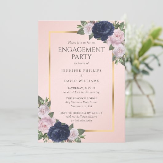 Elegante Navy Blue Blush Pink Gold Engagement Part Einladung (Stehend Vorderseite)
