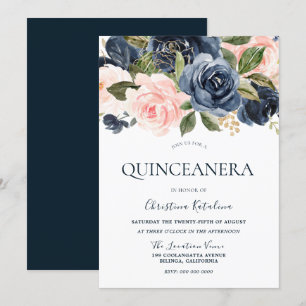 Elegante Navy Blue & Blush Pink Quinceanera Einladung