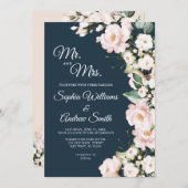 Elegante Navy Blue & Blush Rose Blume Hochzeit Einladung (Vorne/Hinten)