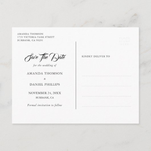 Elegante Navy Blue Blush Save the Date Postkarte (Rückseite)