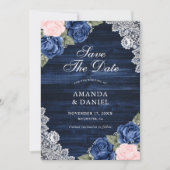Elegante Navy Blue Blush Wood Lace Floral Wedding Save The Date (Vorderseite)