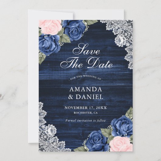 Elegante Navy Blue Blush Wood Lace Floral Wedding Save The Date (Vorderseite)