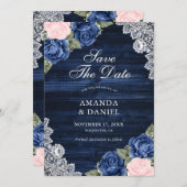 Elegante Navy Blue Blush Wood Lace Floral Wedding Save The Date (Vorne/Hinten)
