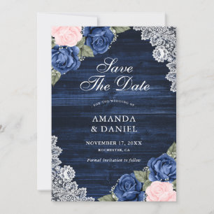 Elegante Navy Blue Blush Wood Lace Floral Wedding Save The Date