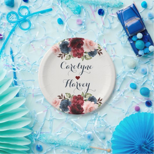 Elegante Navy Blue Burgundy Blush Blume Hochzeit Pappteller (Party)