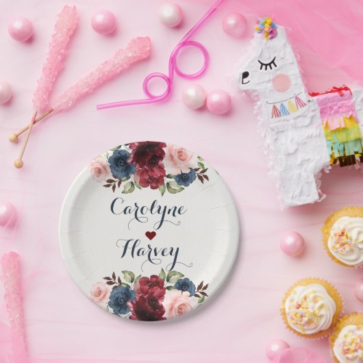 Elegante Navy Blue Burgundy Blush Blume Hochzeit Pappteller (Party)