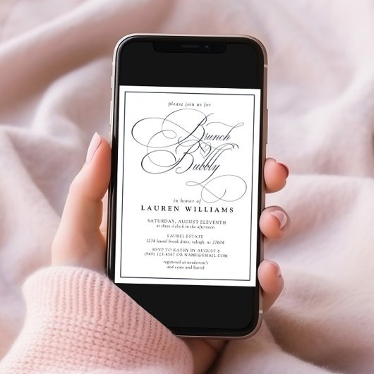 Elegante Navy Blue Calligraphy Brunch & Bubbly Einladung