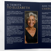 Elegante Navy Blue Celebration of Life Service Dreifach-gefaltete Programmkarte (Innen Erste Seite)