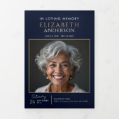 Elegante Navy Blue Celebration of Life Service Dreifach-gefaltete Programmkarte (Cover)