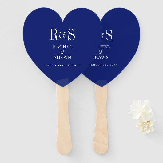 Elegante Navy Blue Chic Moderne Monogram Wedding Fächer (Vorne und Hinten)