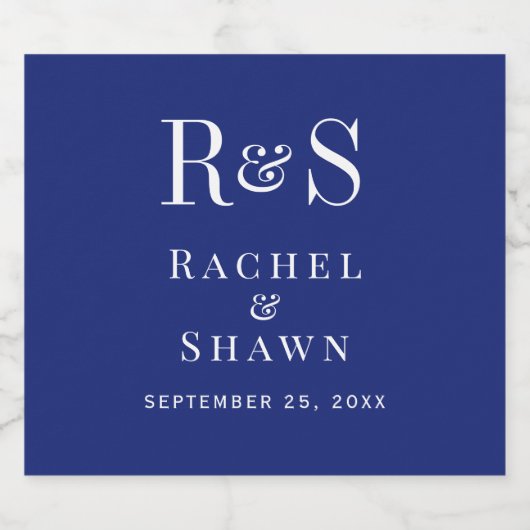 Elegante Navy Blue Chic Moderne Monogram Wedding Schaumweinetikett (Einzelnes Label)