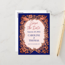 Elegante Navy Blue Copper Rose Save the Date flora