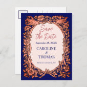 Elegante Navy Blue Copper Rose Save the Date flora Ankündigungspostkarte (Vorne/Hinten)