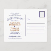 Elegante Navy Blue Copper Rose Save the Date flora Ankündigungspostkarte (Rückseite)