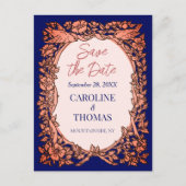 Elegante Navy Blue Copper Rose Save the Date flora Ankündigungspostkarte (Vorderseite)