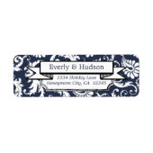 Elegante Navy Blue Floral Damask Rücksendeadresse (Vorne)
