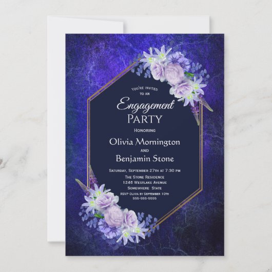 Elegante Navy Blue Floral Engagement Party Einladung (Vorderseite)
