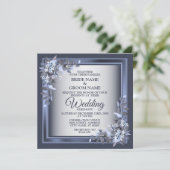 Elegante Navy Blue Floral Gerahmt Silver Wedding Einladung (Stehend Vorderseite)