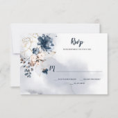 Elegante Navy Blue Floral Gold gezeichnete Rose | RSVP Karte (Vorderseite)