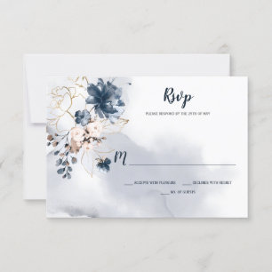 Elegante Navy Blue Floral Gold gezeichnete Rose   RSVP Karte