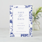 Elegante Navy Blue Floral Toile Save the Date Einladung (Stehend Vorderseite)