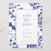 Elegante Navy Blue Floral Toile Save the Date Einladung (Vorne/Hinten)