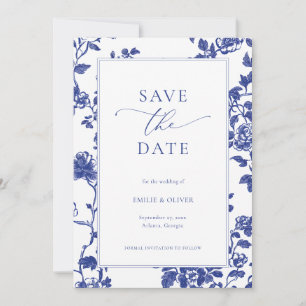 Elegante Navy Blue Floral Toile Save the Date Einladung