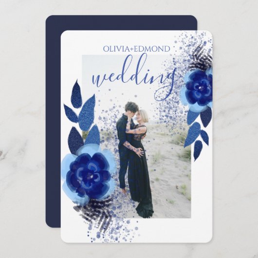 Elegante Navy Blue Flowers Frame Foto Hochzeit Einladung (Vorne/Hinten)