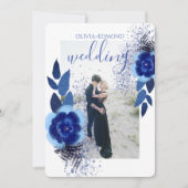 Elegante Navy Blue Flowers Frame Foto Hochzeit Einladung (Vorderseite)