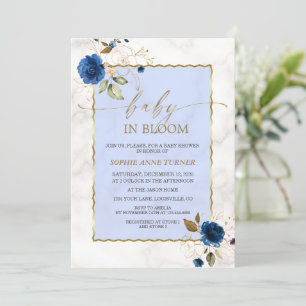 Elegante Navy Blue Flowers Gold Boy Baby in Bloom Einladung
