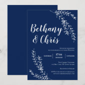 Elegante Navy Blue Foliage Minimalistisch Hochzeit Einladung (Vorne/Hinten)