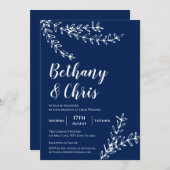 Elegante Navy Blue Foliage Minimalistisch Hochzeit Einladung (Vorne/Hinten)