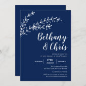 Elegante Navy Blue Foliage Minimalistisch Hochzeit Einladung (Vorne/Hinten)