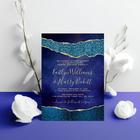 Elegante Navy Blue & Gold Agate Hochzeit Probe Einladung