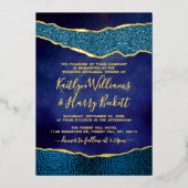 Elegante Navy Blue & Gold Agate Hochzeit Probe Folieneinladung (Vorderseite)