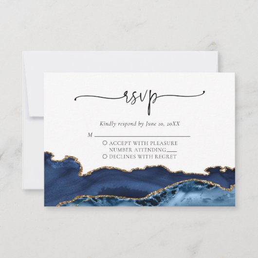 Elegante Navy Blue Gold Agate Wedding RSVP Card Karte (Vorderseite)