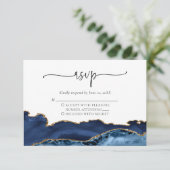 Elegante Navy Blue Gold Agate Wedding RSVP Card Karte (Stehend Vorderseite)