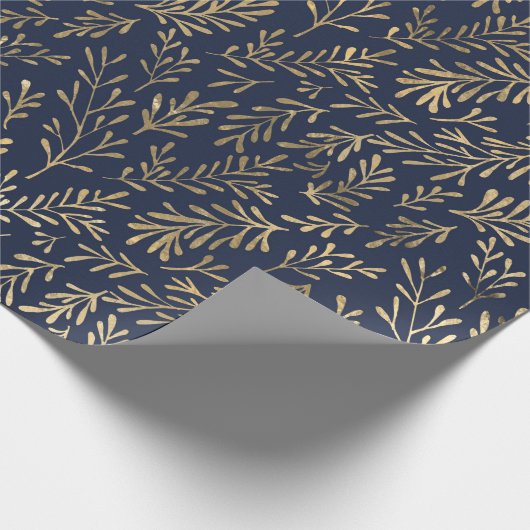 Elegante Navy Blue Gold Blätter Geschenkpapier (Ecke)