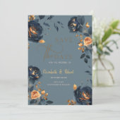 Elegante Navy Blue Gold Blume Save the Date (Stehend Vorderseite)